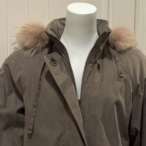 Fleet Street Long Taupe-Gray Hooded Coat with Faux-Fur Trim (Women’s Small)